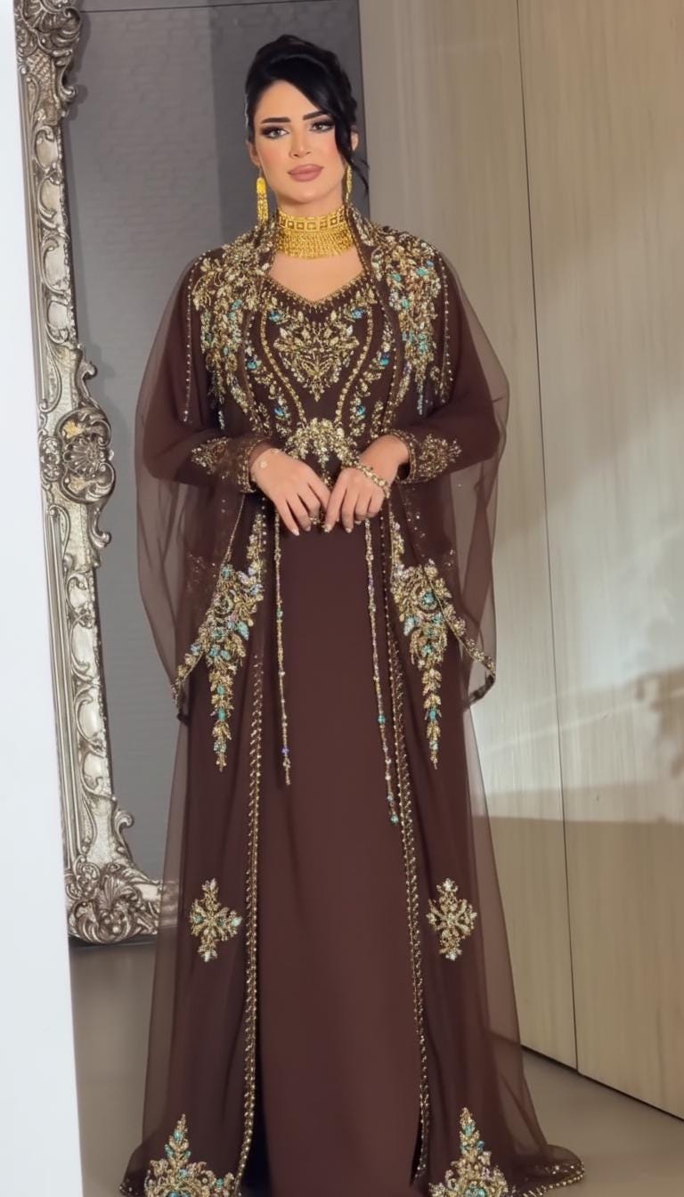 Luxury Moroccan Kaftan Dress | Brown Gold Embroidered Evening Gown, Bridal Caftan