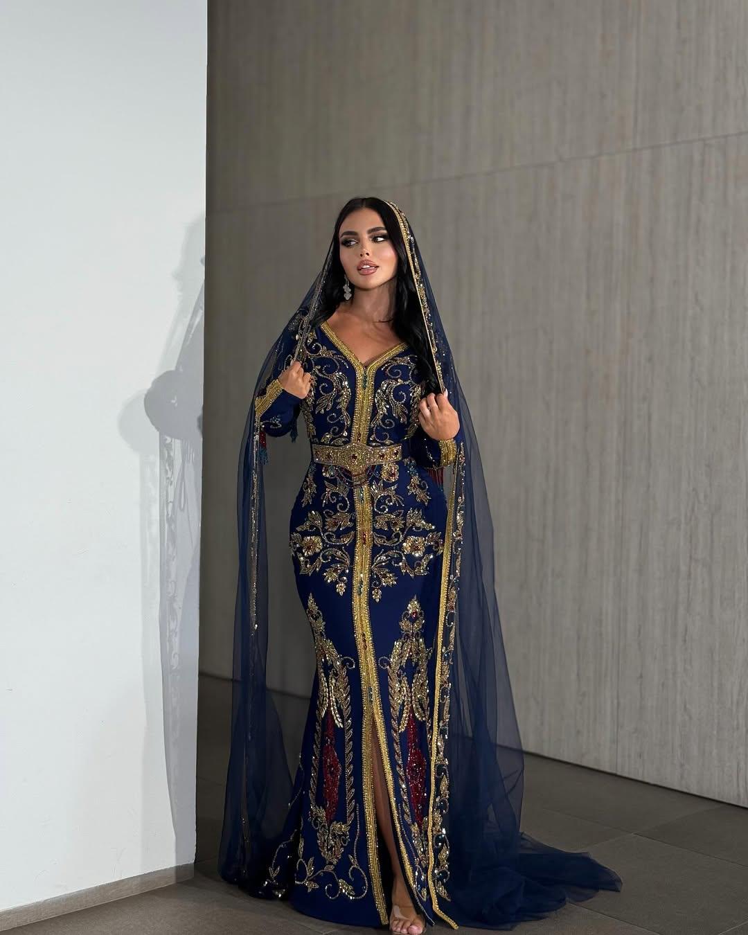 Royal Blue Moroccan Kaftan – Gold Embroidery Georgette Bridal Caftan with Veil