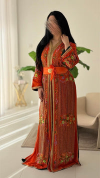 Orange Moroccan Kaftan Dress | Hand Embroidered Crepe Gown, Custom Made Bridal Wear