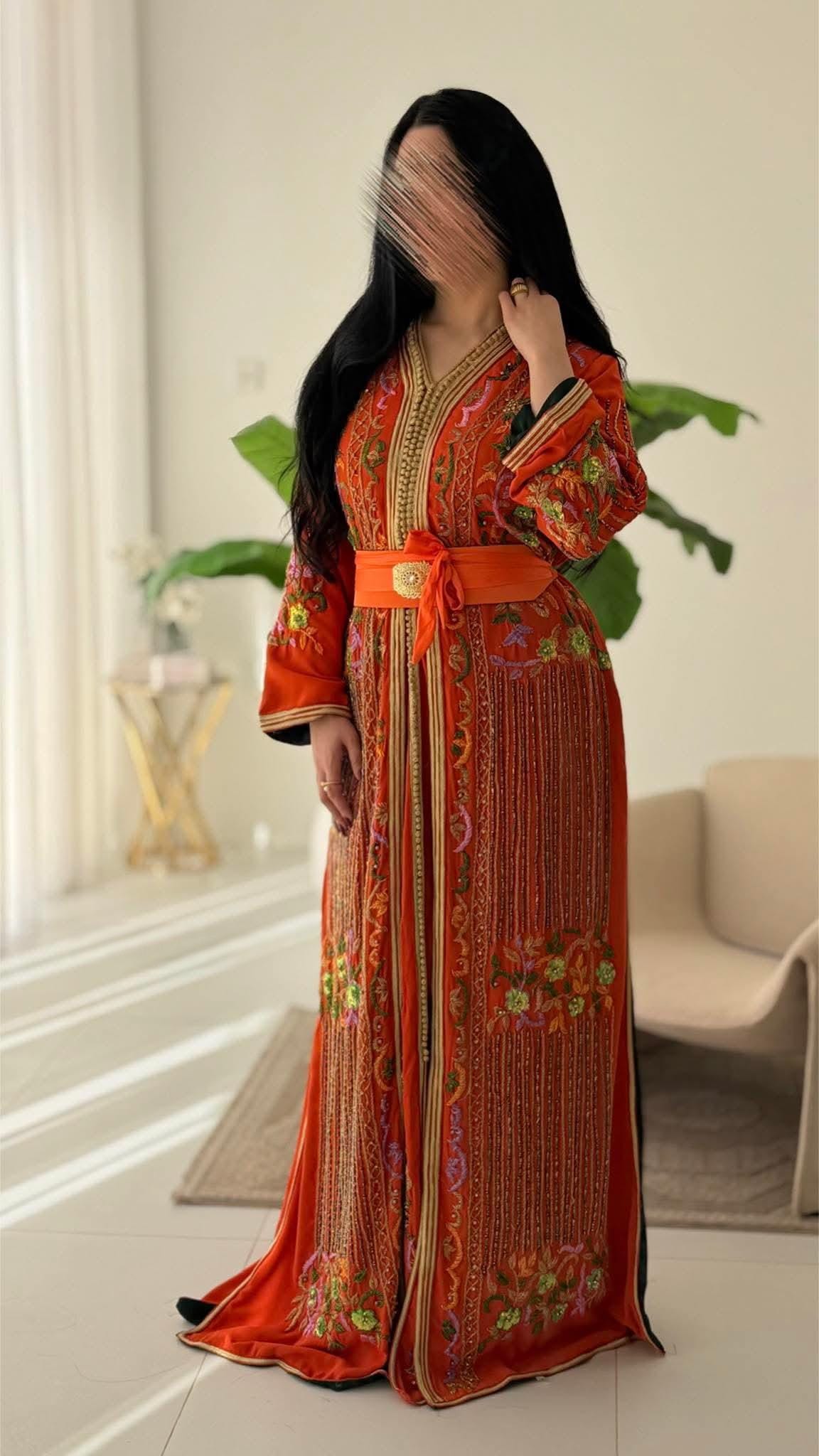 Orange Moroccan Kaftan Dress | Hand Embroidered Crepe Gown, Custom Made Bridal Wear