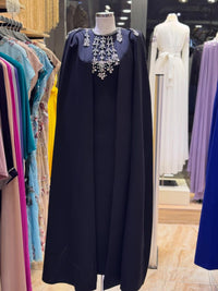 Royal Blue Crepe Maxi Dress, Cape Sleeve, Hand-Embroidered Neckline, Custom Bridal Gown