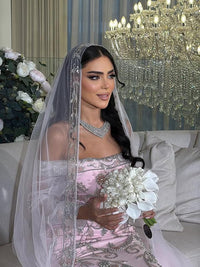 Blush Pink Embroidered Moroccan Bridal Kaftan, Luxury Wedding Dress with Veil