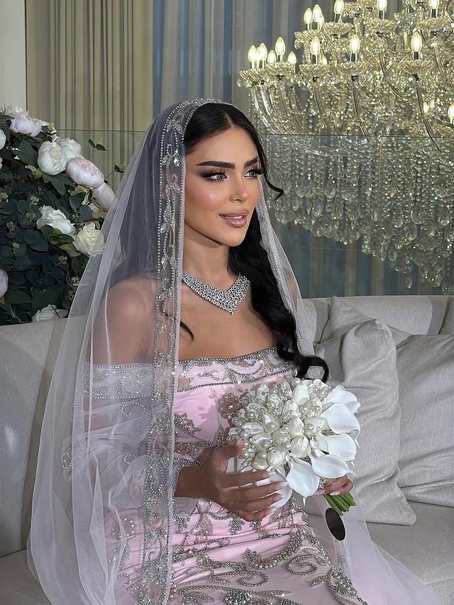 Blush Pink Embroidered Moroccan Bridal Kaftan, Luxury Wedding Dress with Veil