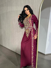 Luxury Maroon Moroccan Bridal Kaftan, Gold Embroidered Wedding Dress, Handmade Takchita