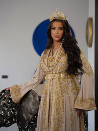 Handcrafted Moroccan Bridal Kaftan, Champagne Gold Embroidery, Royal Wedding Dress