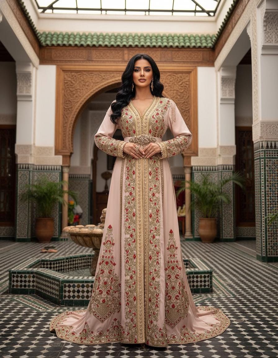 Dull Pink Moroccan Bridal Kaftan Takchita, Hand Embroidered Crepe Wedding Dress