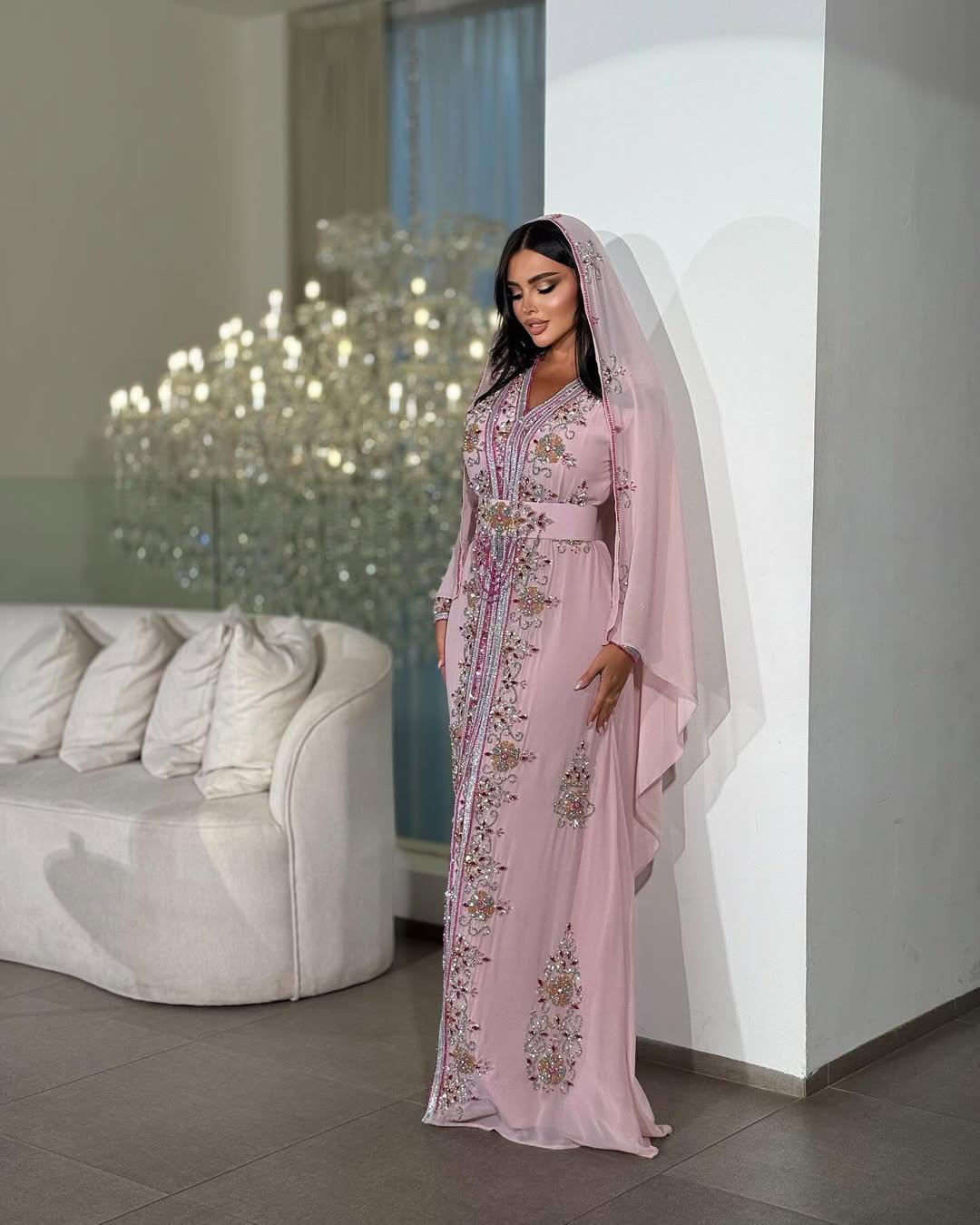 Blush Pink Moroccan Kaftan – Hand Embroidered Georgette Bridal Dress