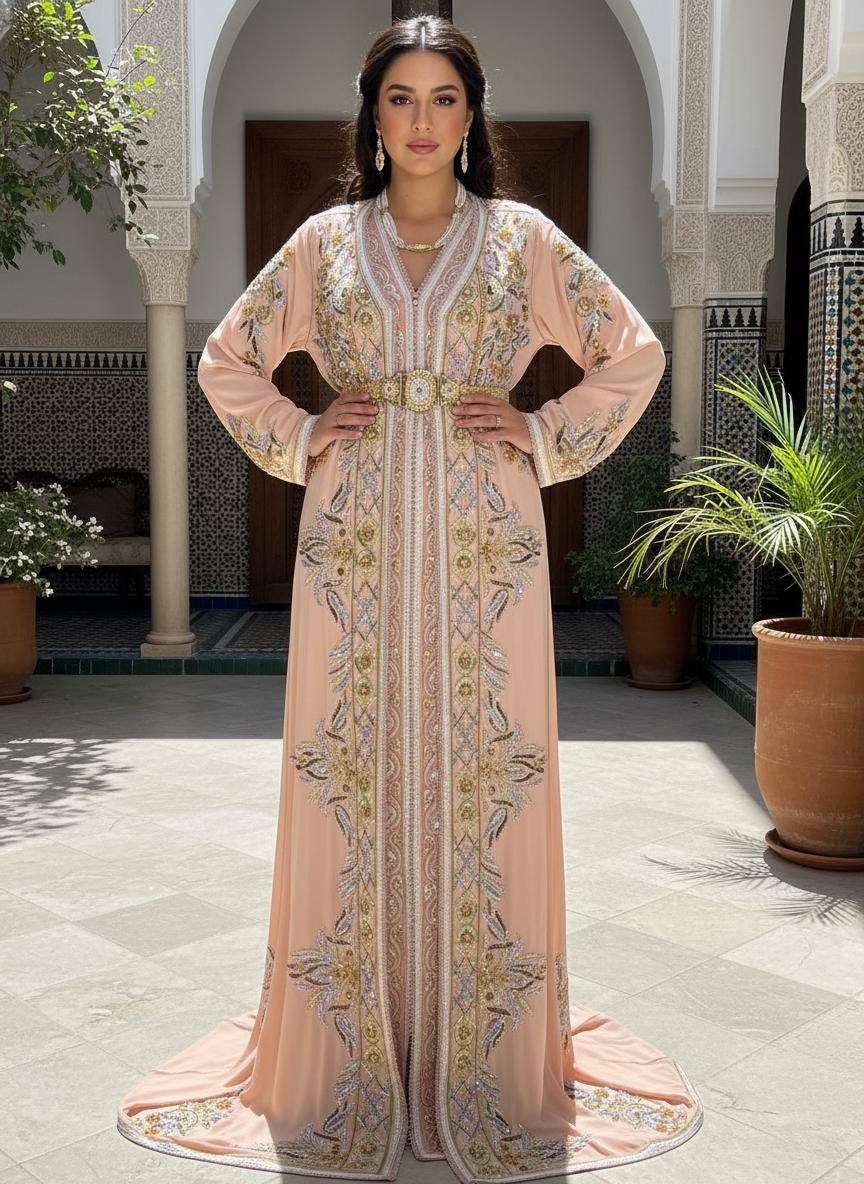 Blush Pink Moroccan Kaftan Dress | Luxury Gold Embroidery, Custom Made Bridal Wear