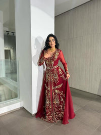 Red Moroccan Bridal Kaftan, Luxury Gold Embroidered Wedding Dress, Handcrafted Takchita