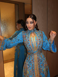 Turquoise Crepe Moroccan Kaftan Gold Embroidery | Luxury Wedding Guest Dress | Custom Arabic Caftan