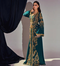Emerald Green Moroccan Kaftan – Luxury Gold Embroidered Crepe Caftan – Bridal, Henna & Formal Evening Dress
