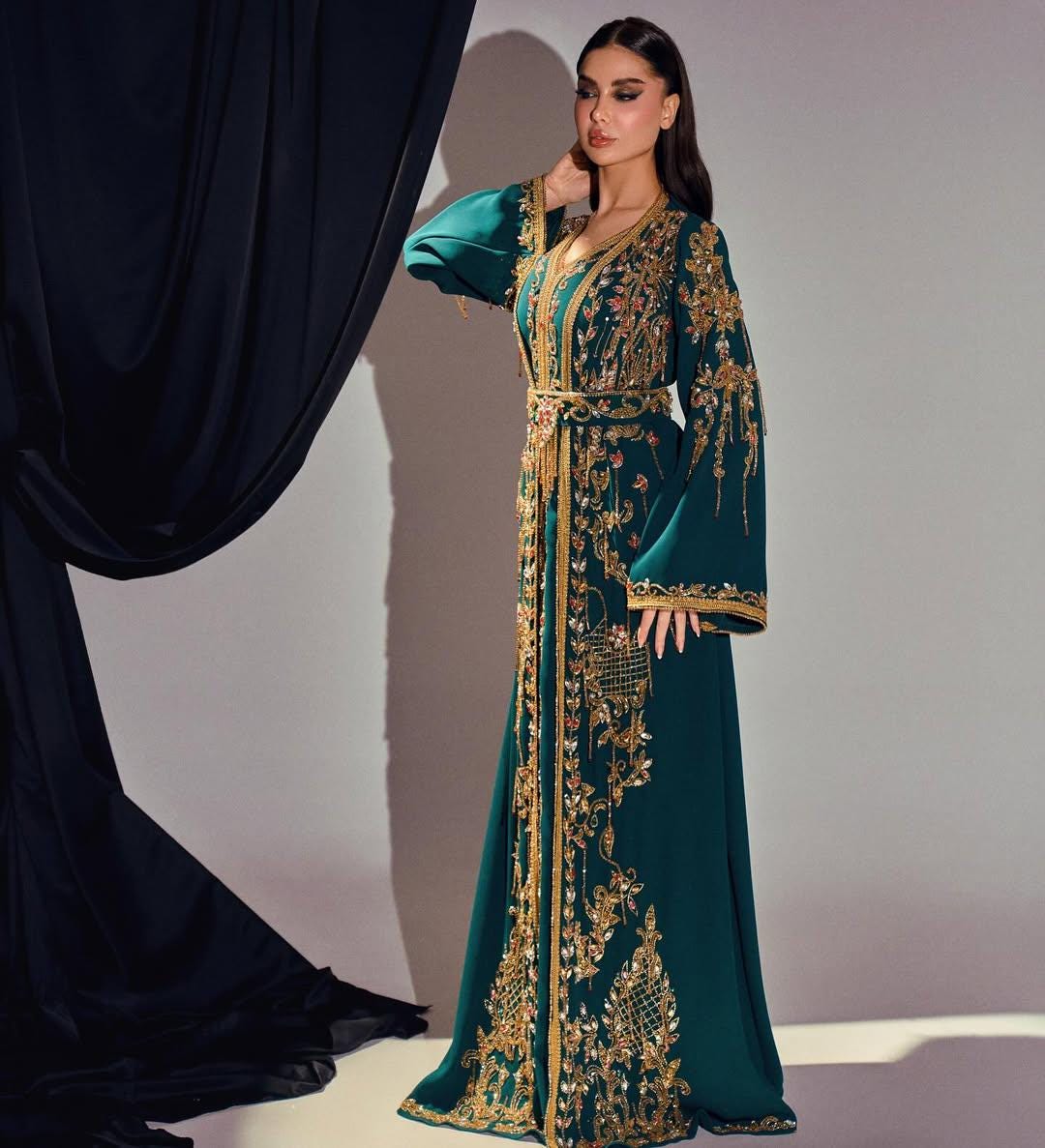 Emerald Green Moroccan Kaftan – Luxury Gold Embroidered Crepe Caftan – Bridal, Henna & Formal Evening Dress