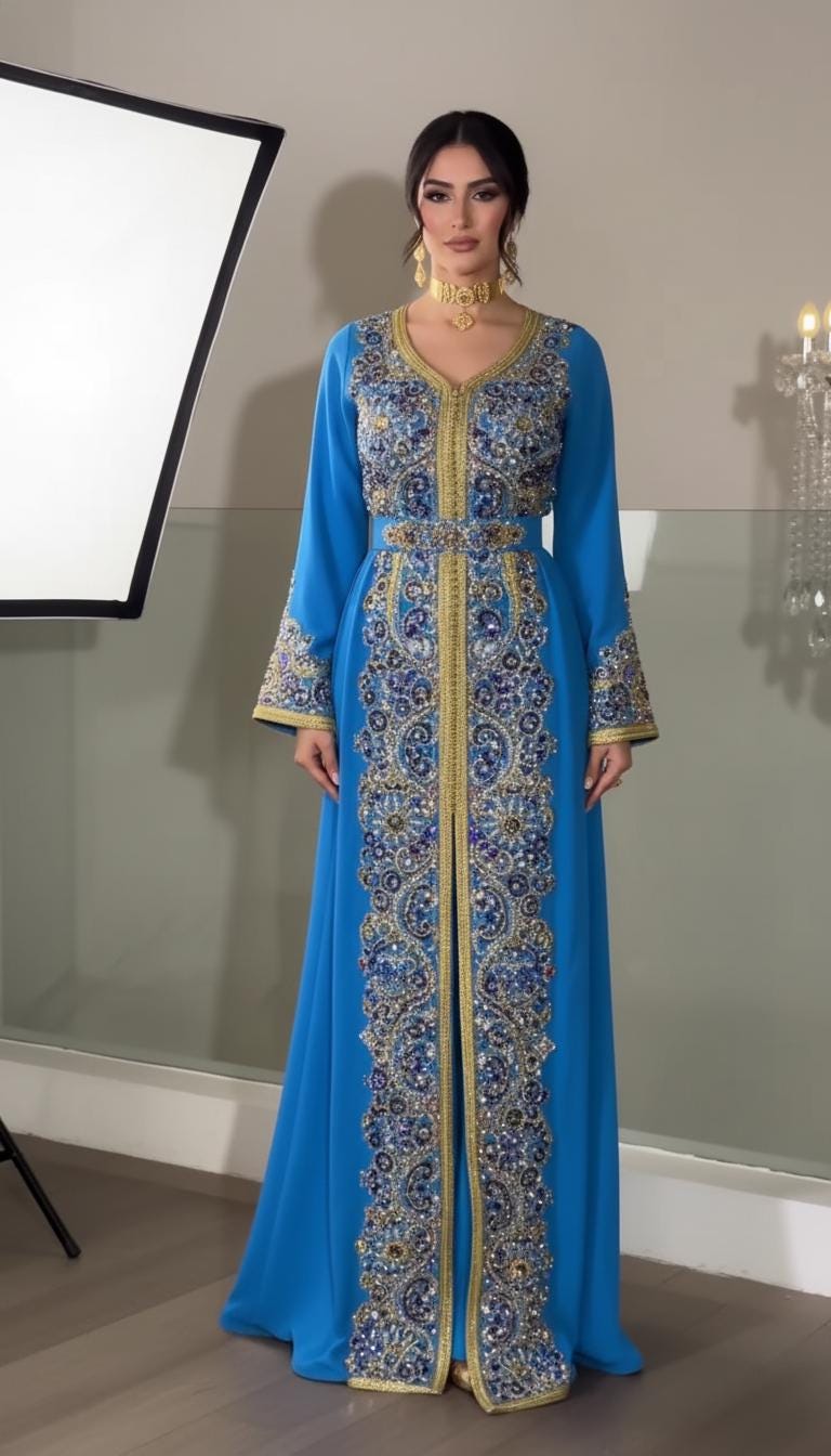 Blue Moroccan Kaftan Dress | Luxury Embroidered Crepe, Dubai Style, Custom Made