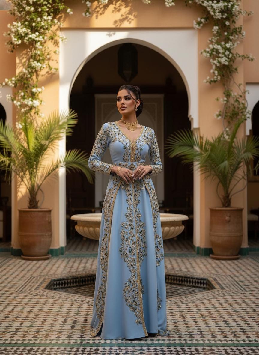 Sky Blue Embroidered Kaftan Dress, Luxury Beaded Evening Gown, Handmade Moroccan Caftan