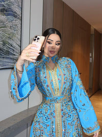 Turquoise Crepe Moroccan Kaftan Gold Embroidery | Luxury Wedding Guest Dress | Custom Arabic Caftan
