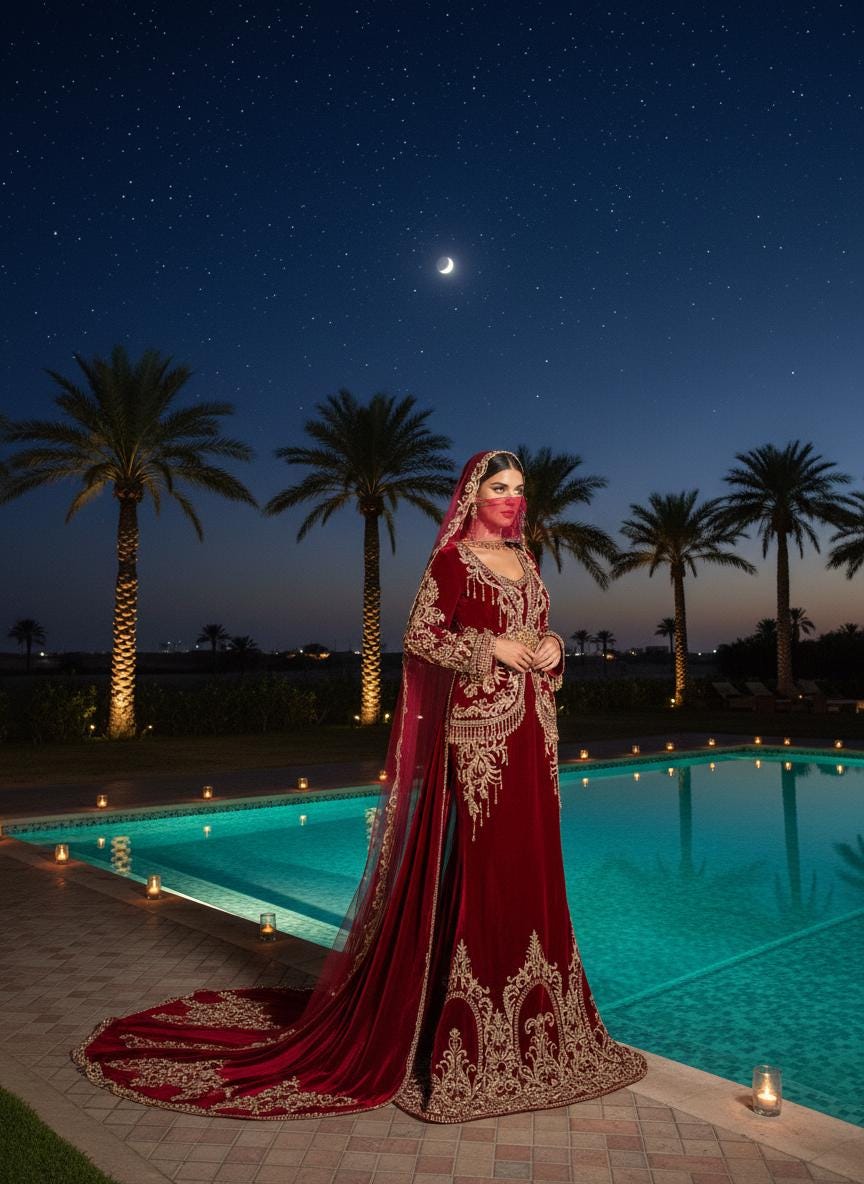 Red Velvet Moroccan Bridal Kaftan, Luxury Gold Embroidery, Royal Dubai Style Wedding Dress