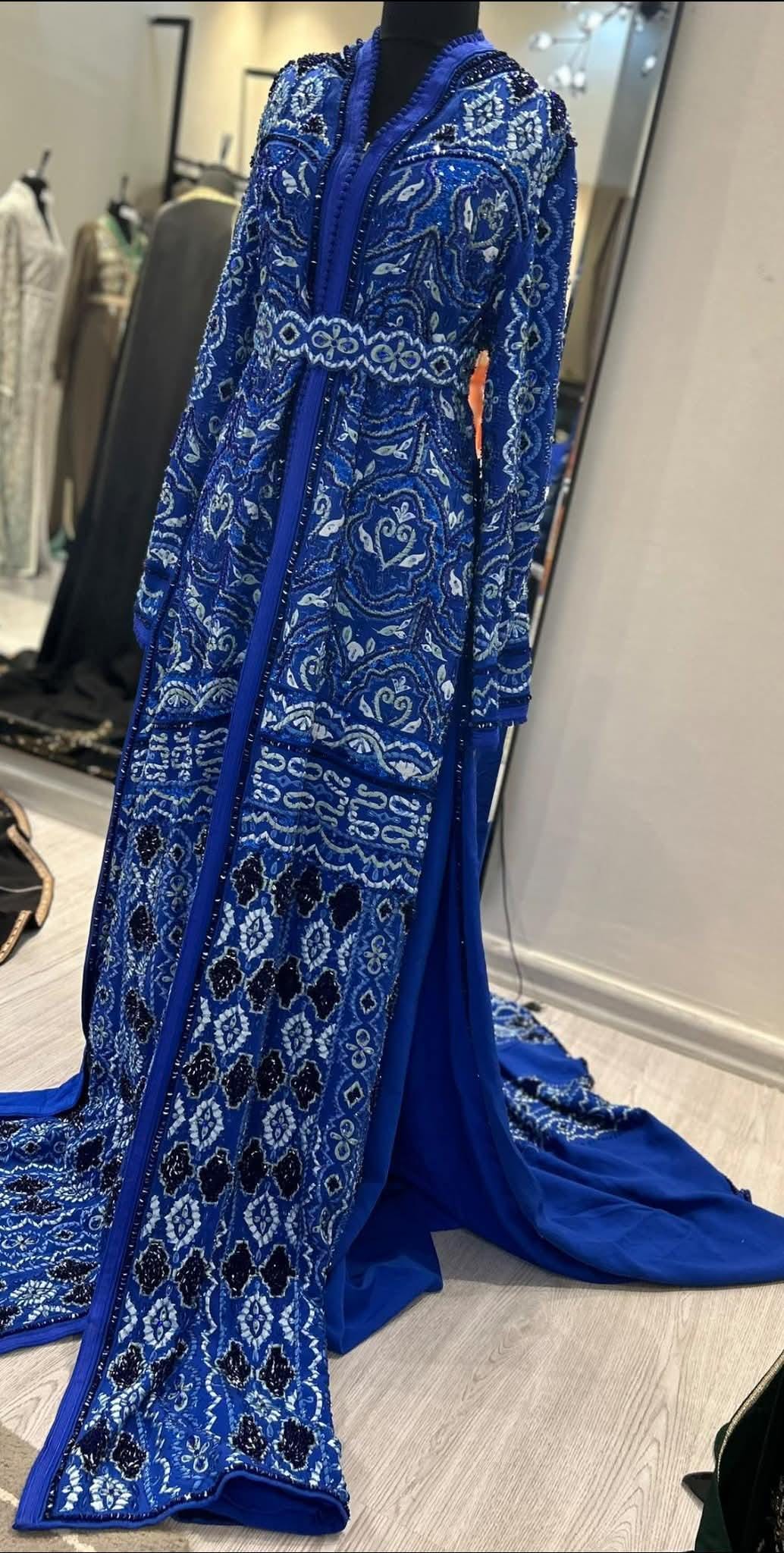 Blue Moroccan Bridal Kaftan Takchita, Hand Embroidered Crepe Wedding Dress