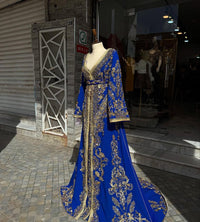 Blue Moroccan Bridal Kaftan Takchita, Luxury Crepe Hand-Embroidered Wedding Outfit