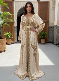 Champagne Crepe Kaftan Dress | Gold Embroidered Dubai Style Caftan McBride