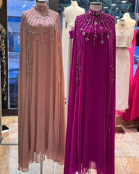 Zahyra Nude Pink Modest Maxi Dress, High Neck Cape Dress, Elegant Evening Gown, Luxury Crepe Dress, Formal Modest Wear