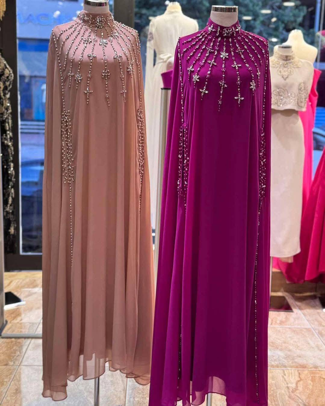 Zahyra Nude Pink Modest Maxi Dress, High Neck Cape Dress, Elegant Evening Gown, Luxury Crepe Dress, Formal Modest Wear