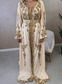Champagne Crepe Kaftan Dress | Gold Embroidered Dubai Style Caftan McBride