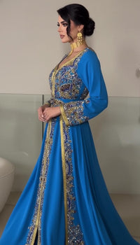 Blue Moroccan Kaftan Dress | Luxury Embroidered Crepe, Dubai Style, Custom Made