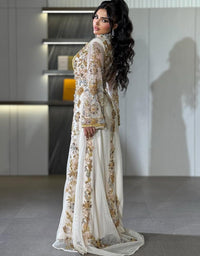 Off White Moroccan Kaftan – Luxury Gold Embroidered Bridal Caftan – Handcrafted Georgette Wedding & Nikkah Dress