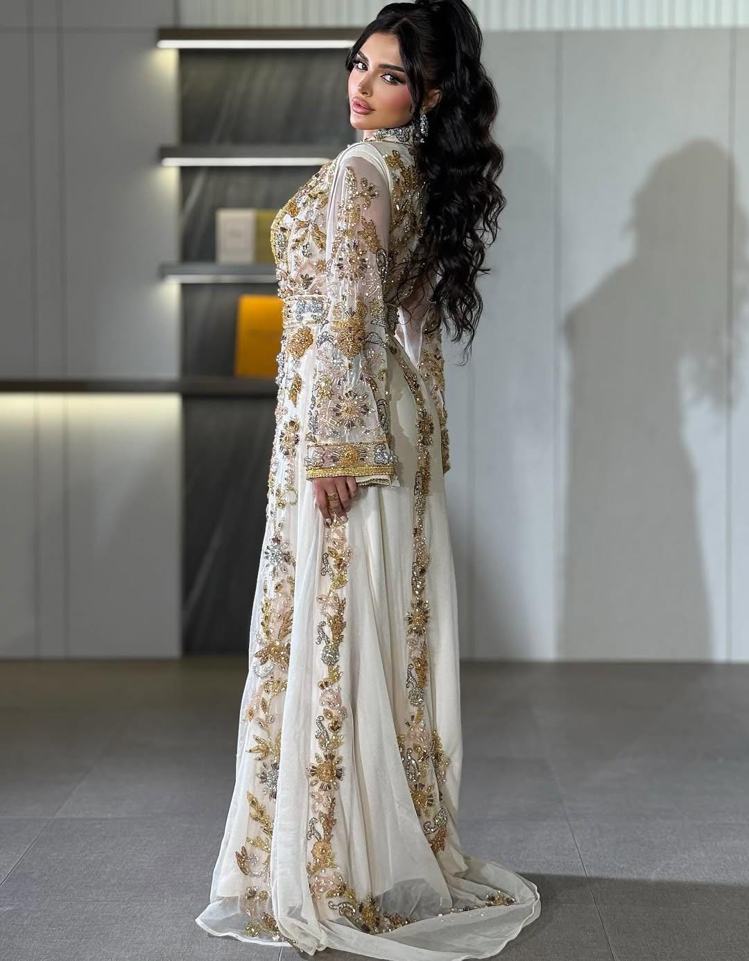 Off White Moroccan Kaftan – Luxury Gold Embroidered Bridal Caftan – Handcrafted Georgette Wedding & Nikkah Dress