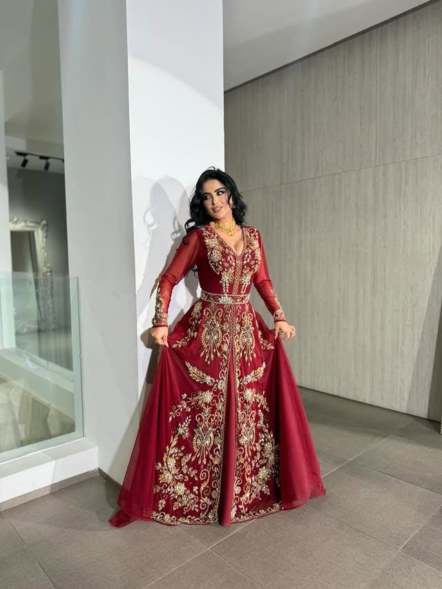 Red Moroccan Bridal Kaftan, Luxury Gold Embroidered Wedding Dress, Handcrafted Takchita