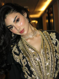 Black Crepe Moroccan Kaftan – Gold Embroidery, Bridal Gown, Evening Dress