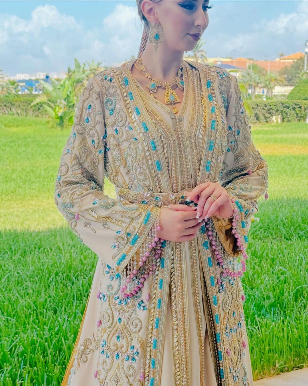 Ivory Moroccan Bridal Kaftan, Gold Embroidery, Custom Made Elegant Bride Gown