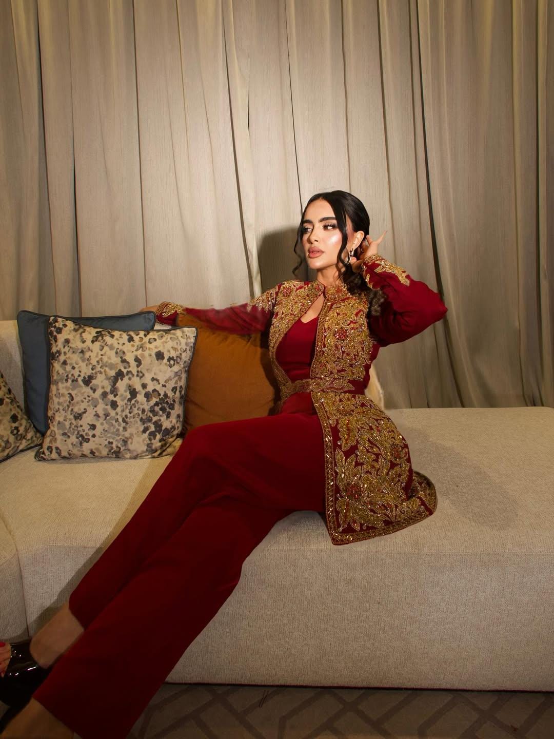 Red Crepe Embroidered Jacket Co Ord Set | Moroccan Bridal Takchita Kaftan