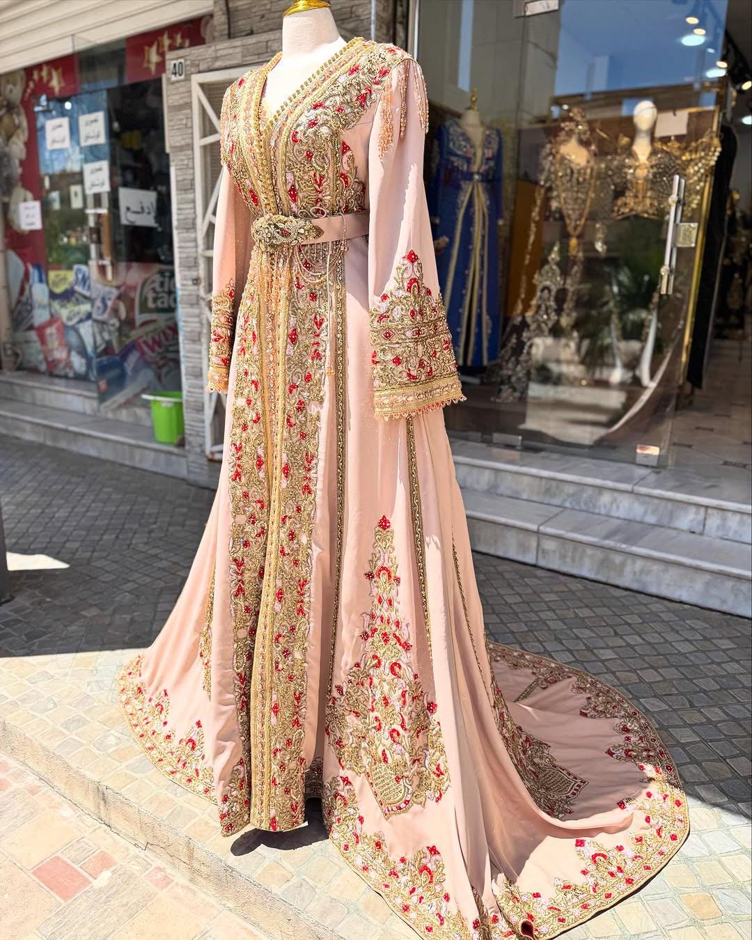 Dull Pink Moroccan Bridal Kaftan Takchita, Hand Embroidered Crepe Wedding Dress