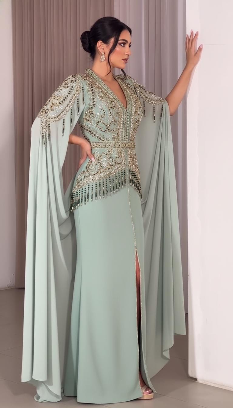 Mint Green Embroidered Moroccan Kaftan Dress | Luxury Dubai Style Evening Gown