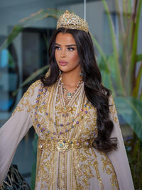 Handcrafted Moroccan Bridal Kaftan, Champagne Gold Embroidery, Royal Wedding Dress