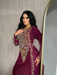 Luxury Maroon Moroccan Bridal Kaftan, Gold Embroidered Wedding Dress, Handmade Takchita