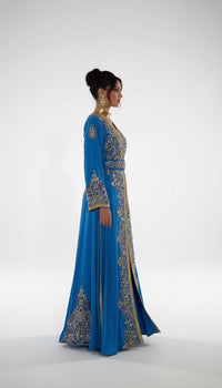 Blue Moroccan Kaftan Dress | Luxury Embroidered Crepe, Dubai Style, Custom Made