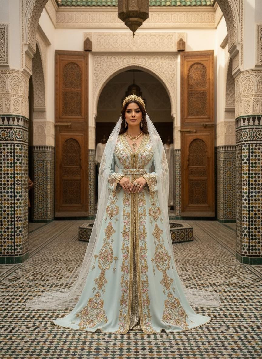 Mint Blue Moroccan Bridal Kaftan Takchita, Hand Embroidered Crepe Wedding Dress (Custom Made)