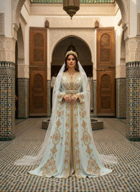 Mint Blue Moroccan Bridal Kaftan Takchita, Hand Embroidered Crepe Wedding Dress (Custom Made)