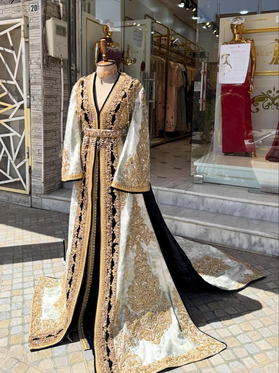 Luxury Moroccan Jacquard Kaftan | Gold Embroidered Bridal Takchita Dress