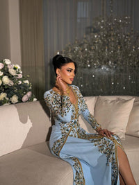 Sky Blue Embroidered Kaftan Dress, Luxury Beaded Evening Gown, Handmade Moroccan Caftan