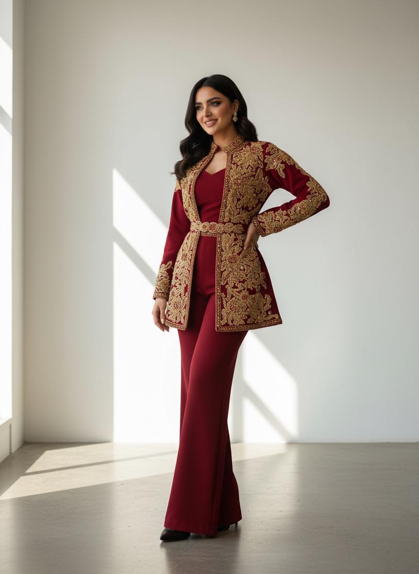 Red Crepe Embroidered Jacket Co Ord Set | Moroccan Bridal Takchita Kaftan