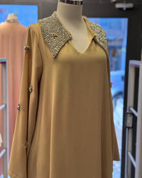 Mustard Crepe Maxi Dress | Abaya Style, Embroidered Collar & Cuffs