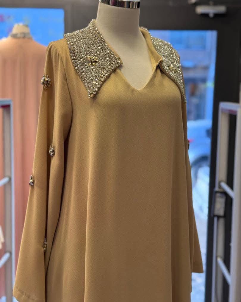 Mustard Crepe Maxi Dress | Abaya Style, Embroidered Collar & Cuffs
