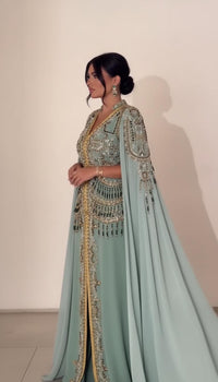 Mint Green Embroidered Moroccan Kaftan Dress | Luxury Dubai Style Evening Gown