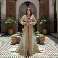 Mint Blue Moroccan Bridal Kaftan Takchita, Luxury Crepe Hand-Embroidered Wedding Nikkah Bride Outfit
