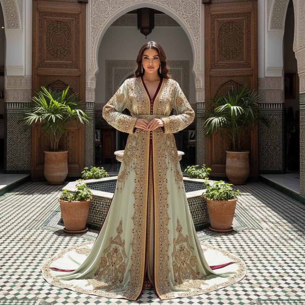 Mint Blue Moroccan Bridal Kaftan Takchita, Luxury Crepe Hand-Embroidered Wedding Nikkah Bride Outfit