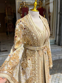Luxury Moroccan Bridal Kaftan, Champagne Gold Silk Jacquard Wedding Dress, Hand Embroidered Royal Takchita