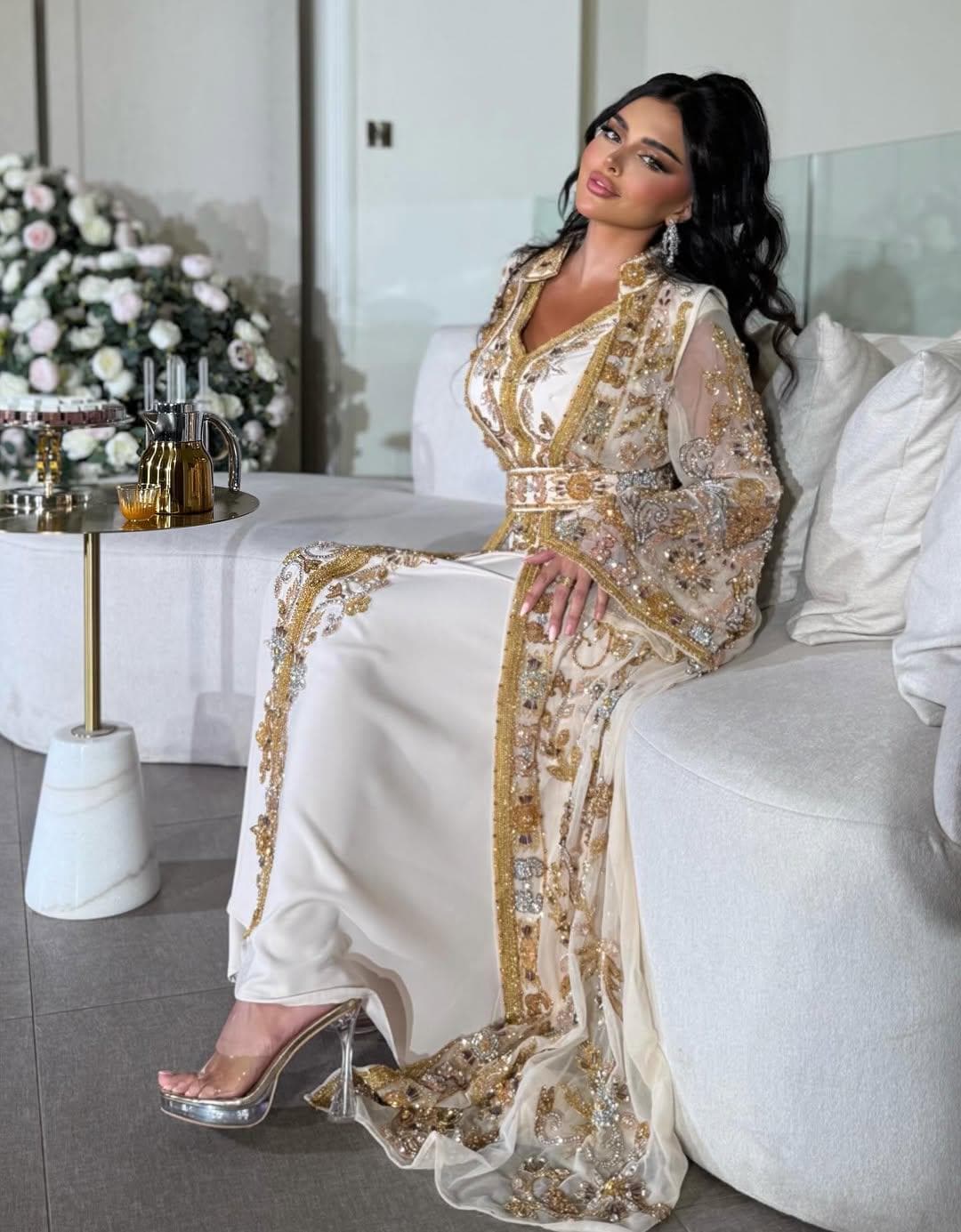 Off White Moroccan Kaftan – Luxury Gold Embroidered Bridal Caftan – Handcrafted Georgette Wedding & Nikkah Dress